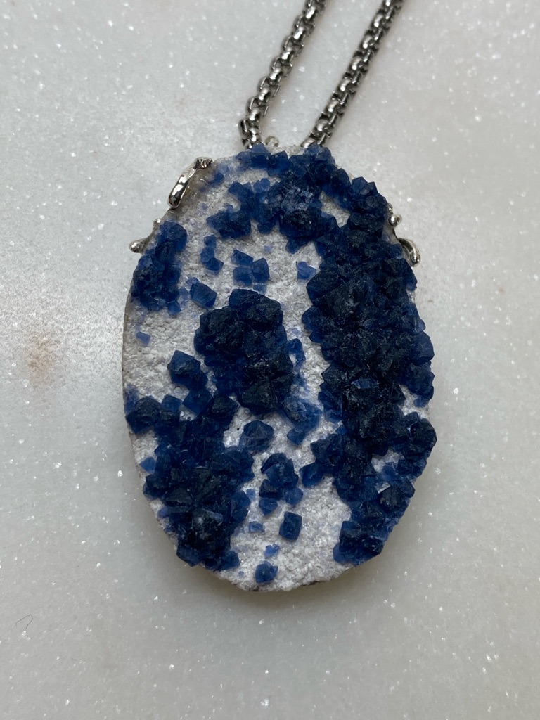 Raw Blue Fluorite Matrix Pendant Electric Blue Cubic Crystals Rare Statement